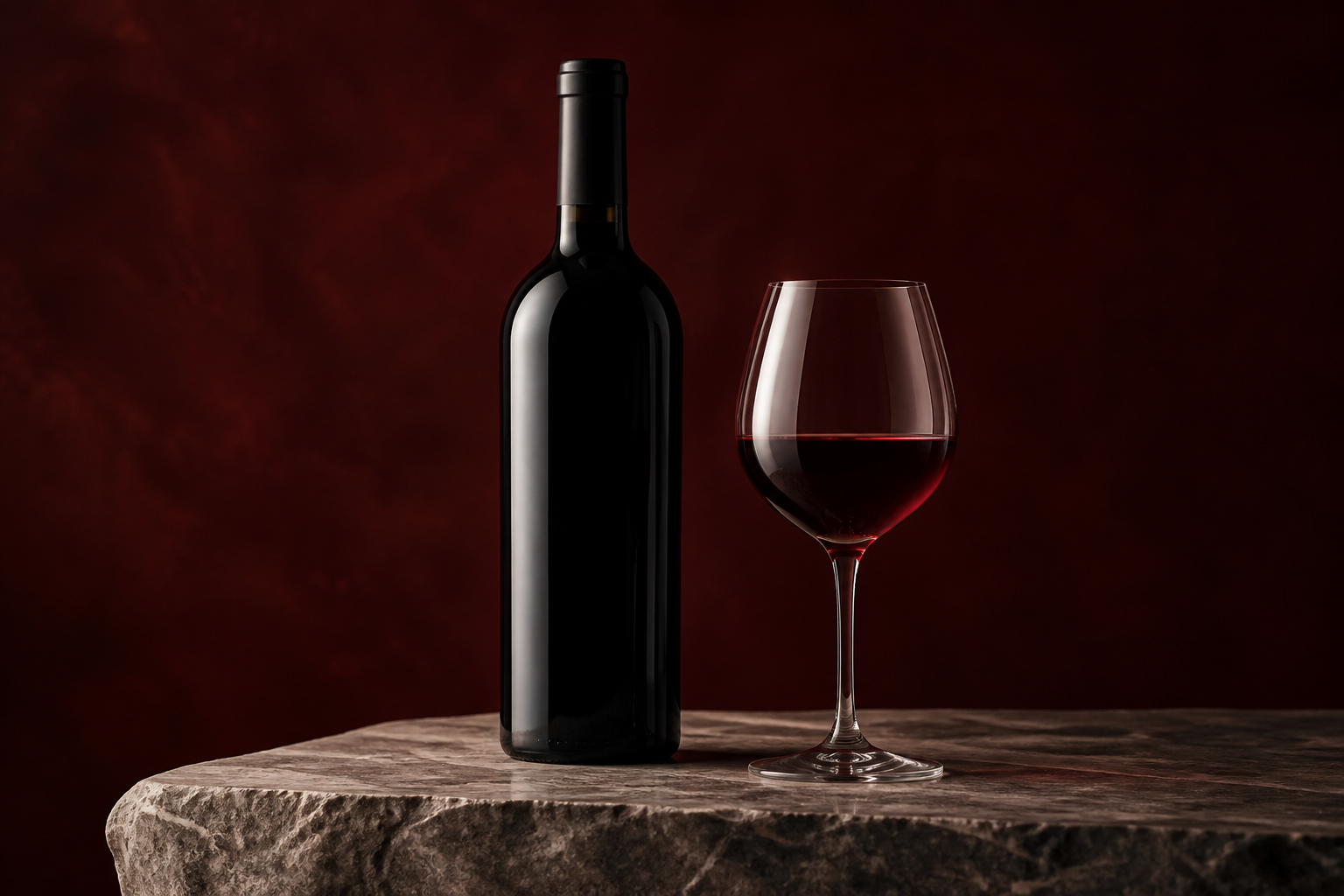 Still life: an unlabelled bottle and a glass of wine on a stone